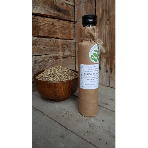 Hemp oil from hemp seeds, raw pressed, wooden press